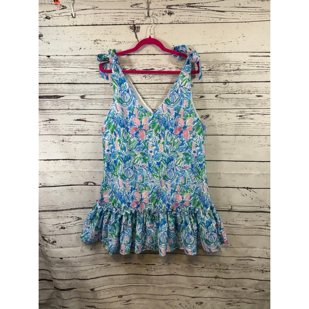 Women's Kinder Smocks Blue Pink Floral Ruffle Tank Top L